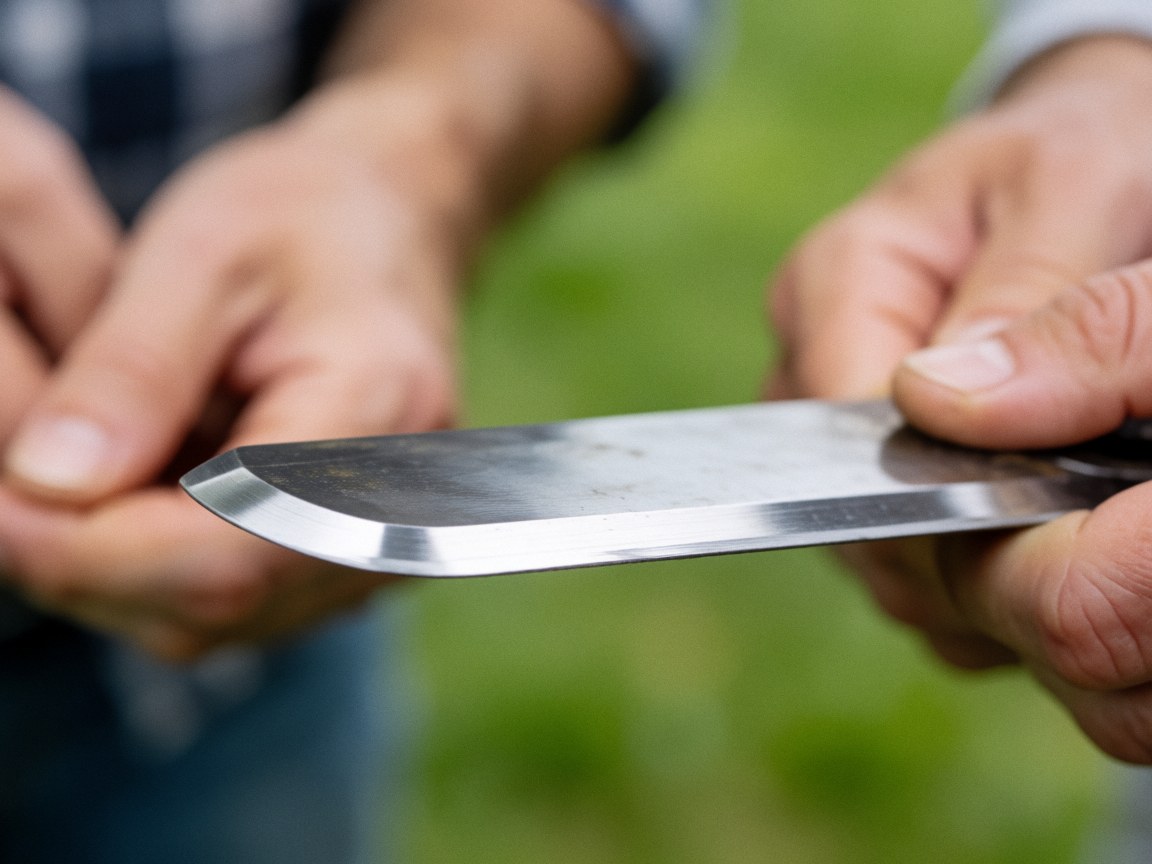 Macro detail of a shiny metal gardening knife being sharpened, held by hands against a blurred green background.