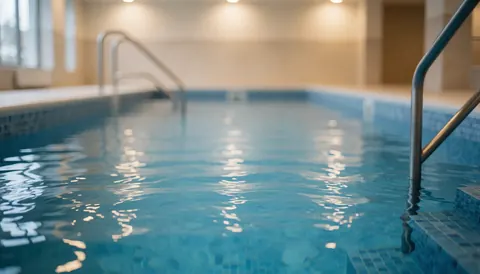 A blurred view of an indoor hydrotherapy pool with blue water, tiled floor, and a railing, used for advanced physiotherapy and rehabilitation treatments.