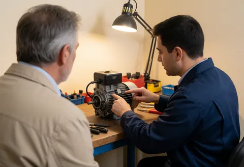 Professional mechanic inspecting an engine in a workshop while discussing repair options and providing a cost estimate to a client.