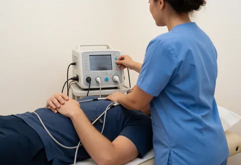 A physiotherapist in blue uniform adjusts an electrostimulator connected to a patient resting on a treatment bed with visible machine waves.