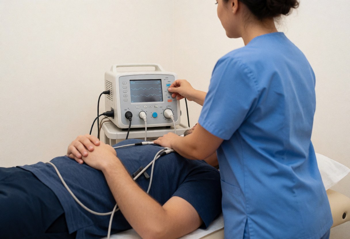 A physiotherapist in blue uniform adjusts an electrostimulator connected to a patient resting on a treatment bed with visible machine waves.