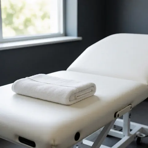 A clean treatment table prepared with a folded towel, ready for advanced physiotherapy sessions in a professional healthcare setting