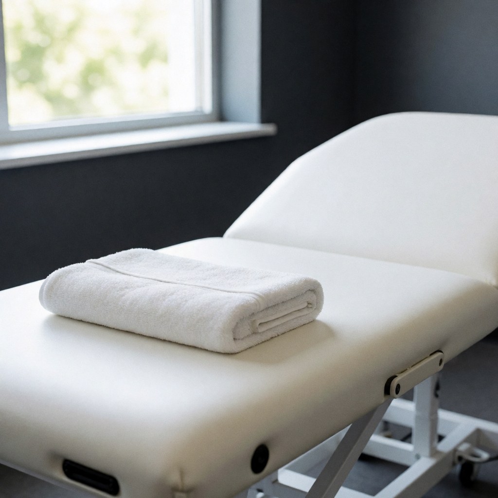 A clean treatment table prepared with a folded towel, ready for advanced physiotherapy sessions in a professional healthcare setting