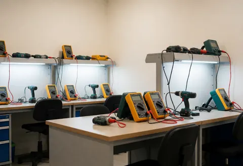 Tool repair workshop featuring electric tools and multimeters on workbenches with practical lighting and white walls