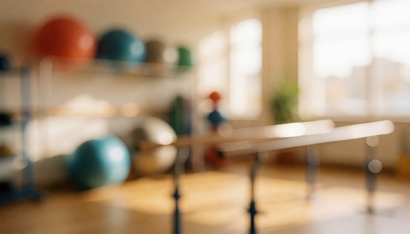 Blurred warm background featuring therapy balls and bars, creating a professional and cozy atmosphere ideal for text overlay.