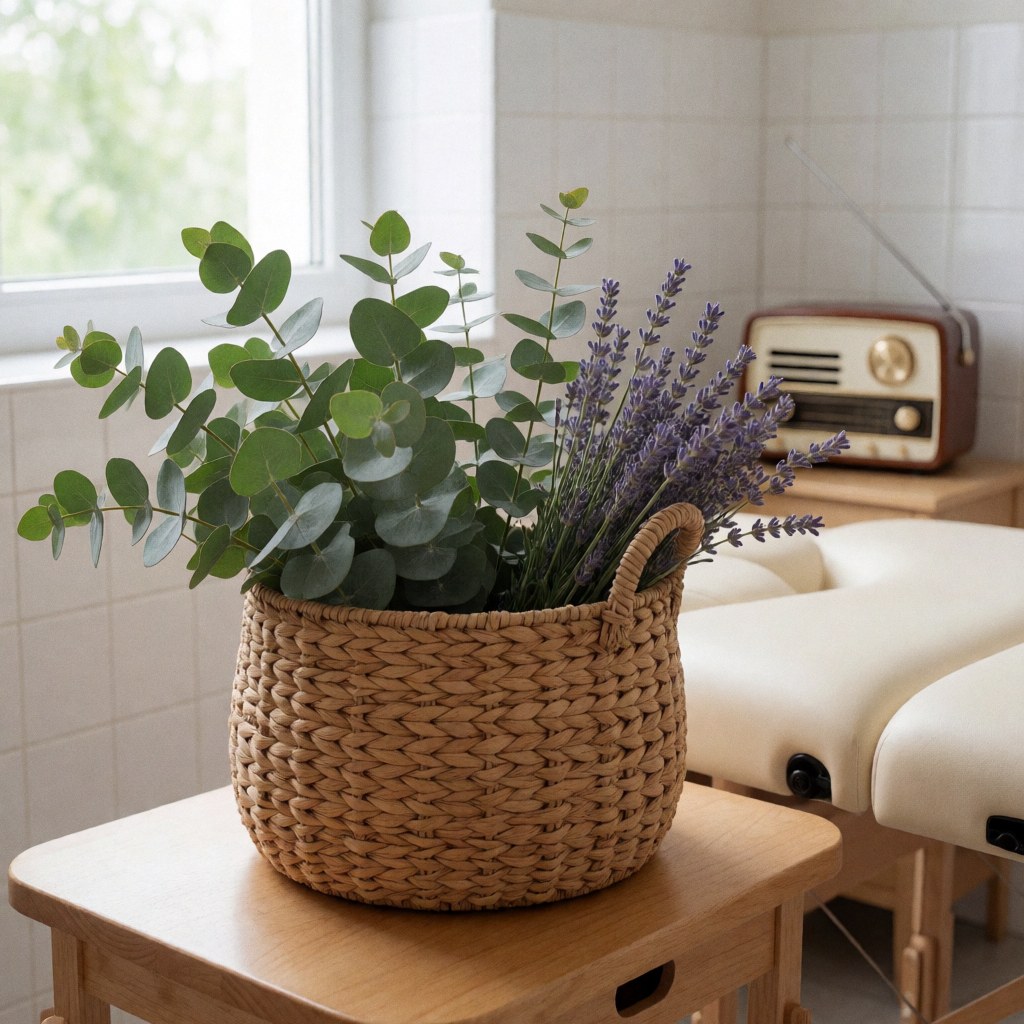 A vintage radio and aromatic herbs like eucalyptus and lavender arranged on a massage table with white tiles, creating a calming spa atmosphere for advanced physiotherapy.