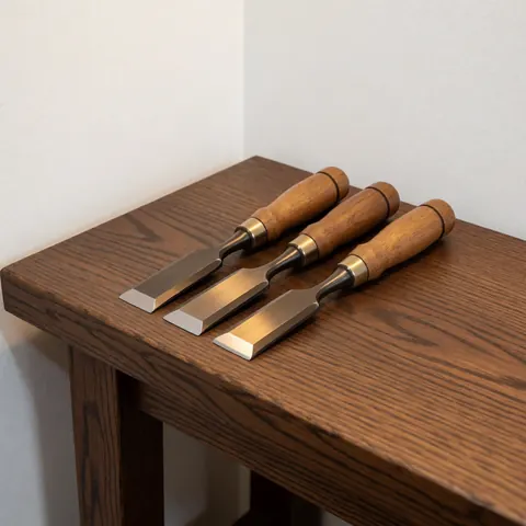 A collection of restored woodworking chisels arranged neatly on a white wall, showcasing polished wooden handles and metal blades in a workshop setting.