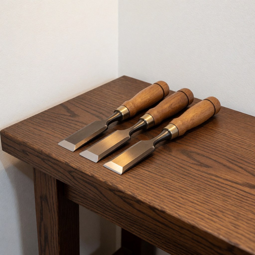 A collection of restored woodworking chisels arranged neatly on a white wall, showcasing polished wooden handles and metal blades in a workshop setting.