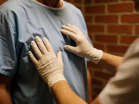 A close-up view of a therapist's gloved hands performing thoracic palpation on a patient's torso during a physical therapy session.