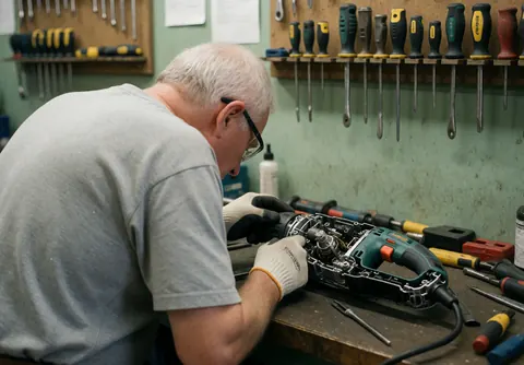 A professional technician wearing safety gloves and glasses carefully inspects electrical machinery in a workshop setting with tools and shelves in the background.