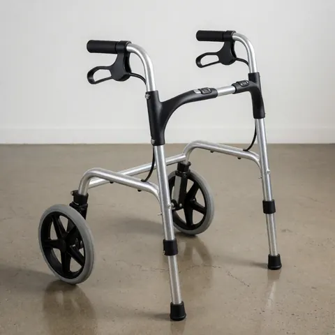 Modern aluminum walker with large wheels and black ergonomic handles on a polished floor in a clean, minimalist setting.