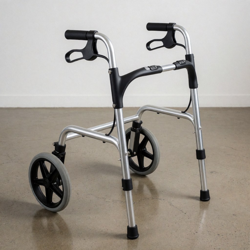 Modern aluminum walker with large wheels and black ergonomic handles on a polished floor in a clean, minimalist setting.
