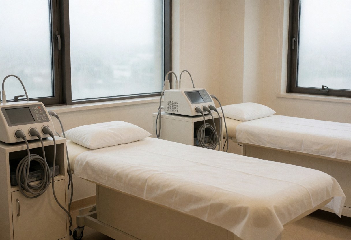 Clean advanced physiotherapy room featuring two treatment beds with white linens, electrotherapy machines with cables, and natural light from windows.