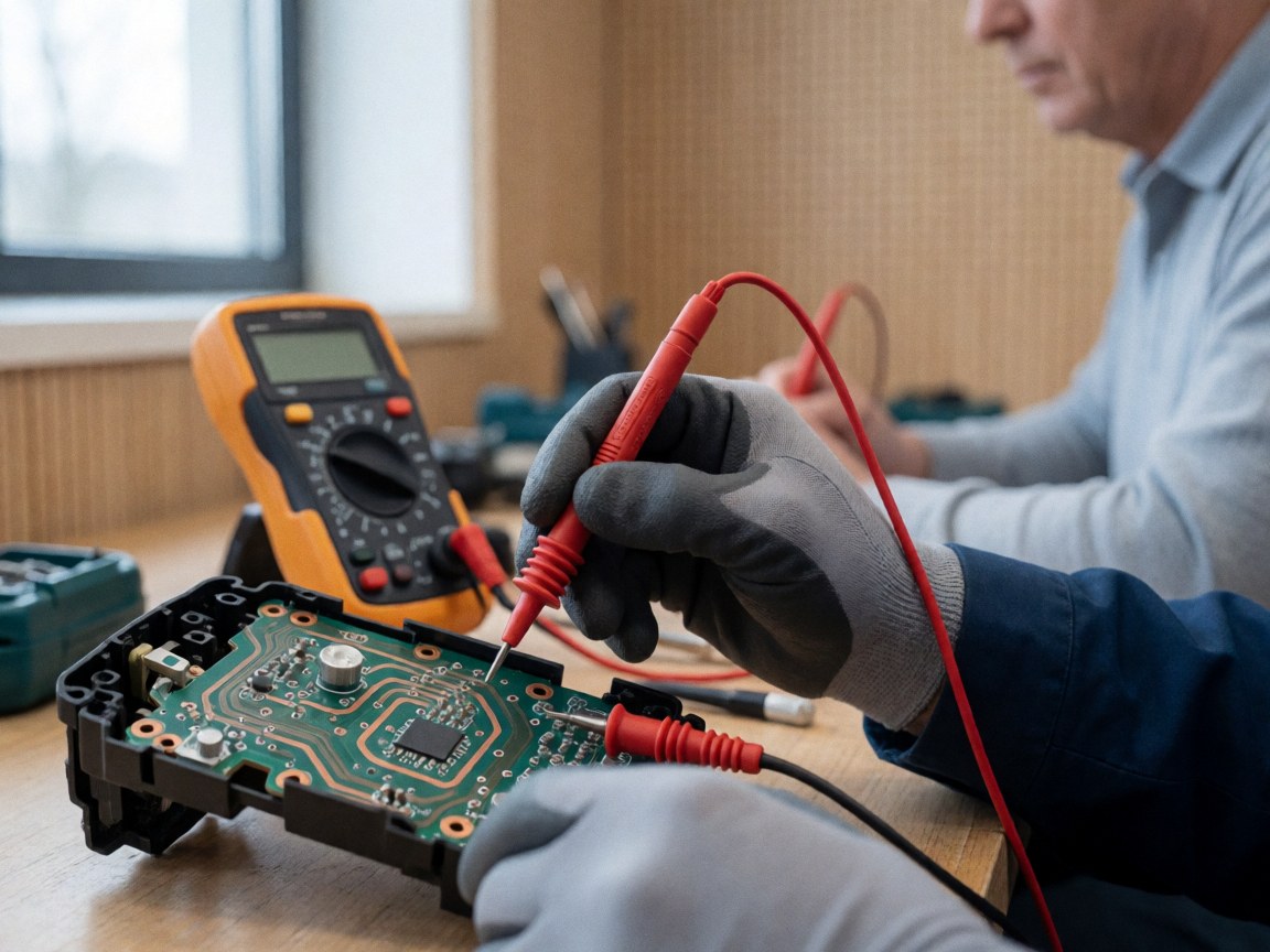 Technician wearing gloves inspects a circuit board using a multimeter, with hands and tools in the foreground and a blurred background.