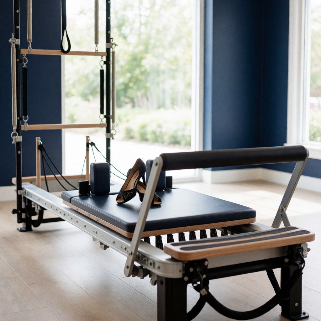 A Pilates reformer machine placed in a modern studio with tango shoes resting on the carriage near a window with natural light