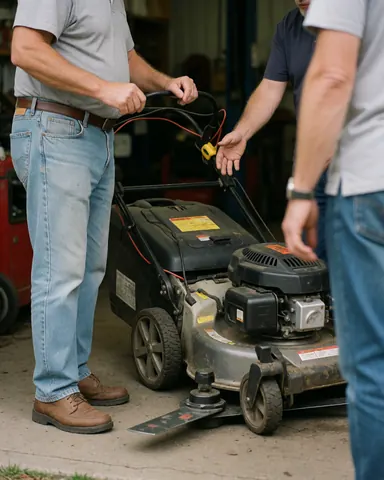 A mechanic examines a lawn mower while a customer holds the handle in a workshop setting.