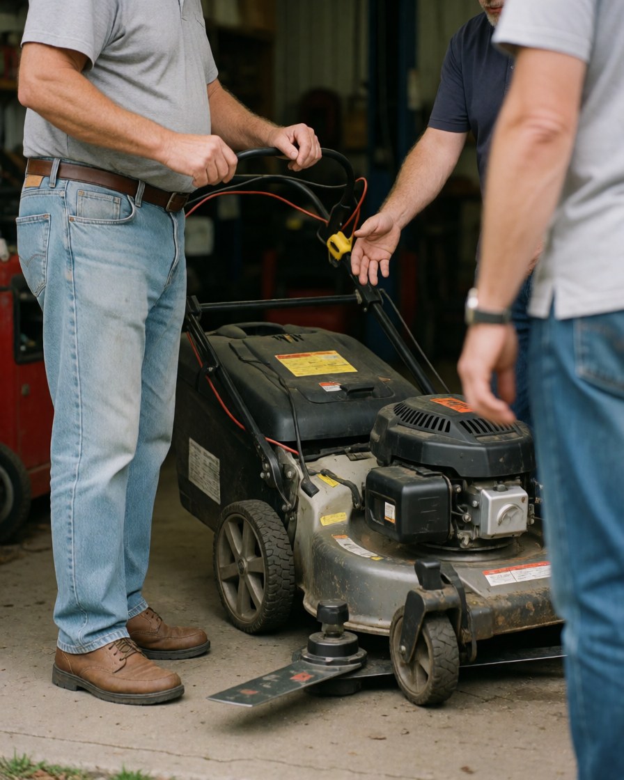 A mechanic examines a lawn mower while a customer holds the handle in a workshop setting.