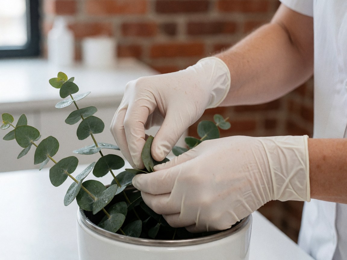 Gloved hands place fresh eucalyptus leaves into a steam cup on a white table with a red brick wall background