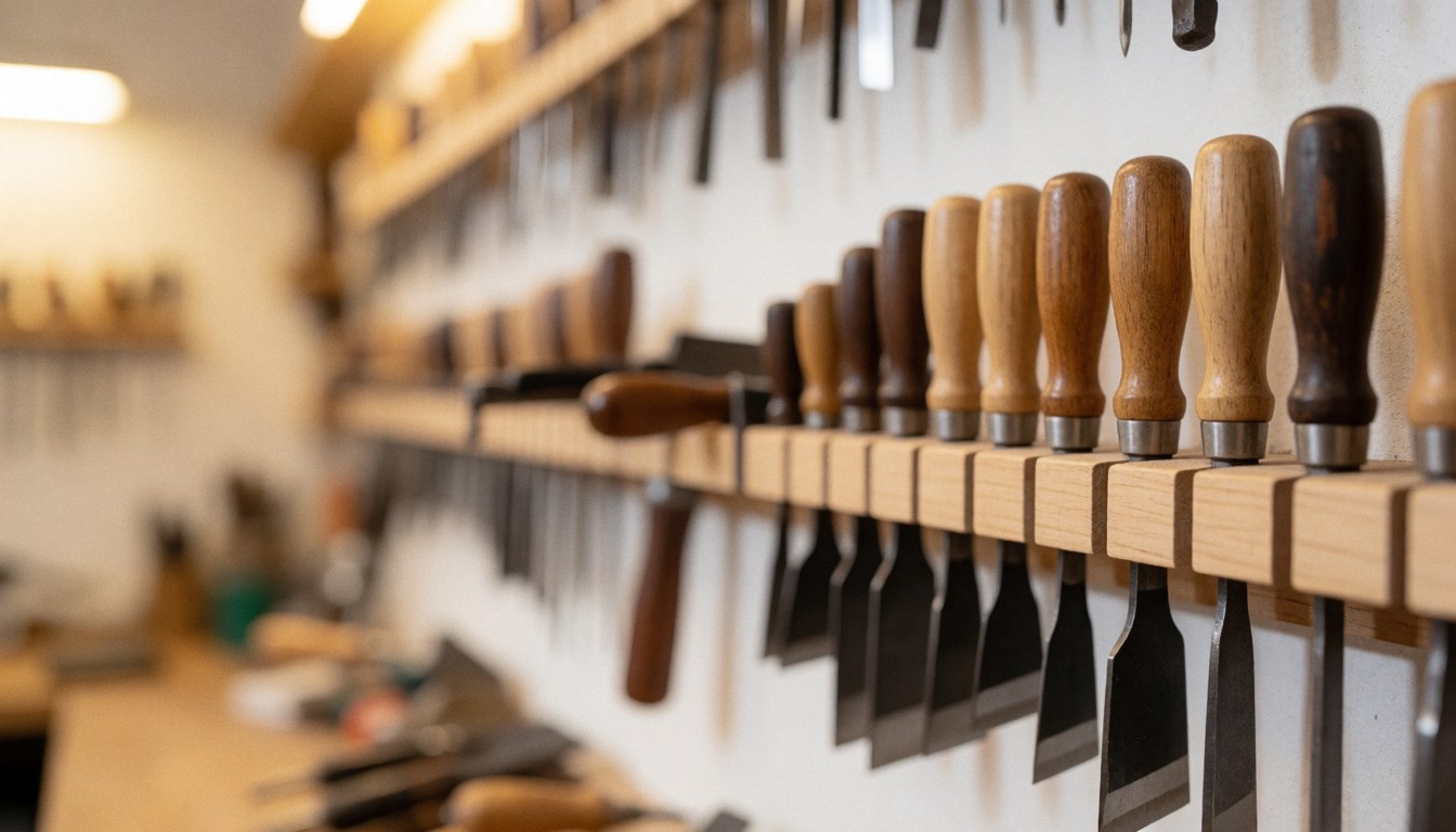 A collection of organized carpentry tools hanging on a wall in a workshop setting with a blurred background suitable for text overlay
