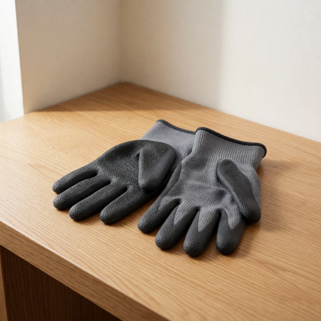 Durable charcoal gray work gloves with textured grip and knuckle reinforcement resting on a light wooden surface under natural light.