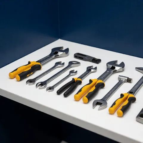 A collection of clean and sanitized professional hand tools including wrenches, screwdrivers, and a hammer arranged neatly on a white surface with a blue wall background.