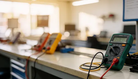 Digital multimeter on a workshop workbench with blurred test benches and tools in the background, suitable for electrical repair service text.