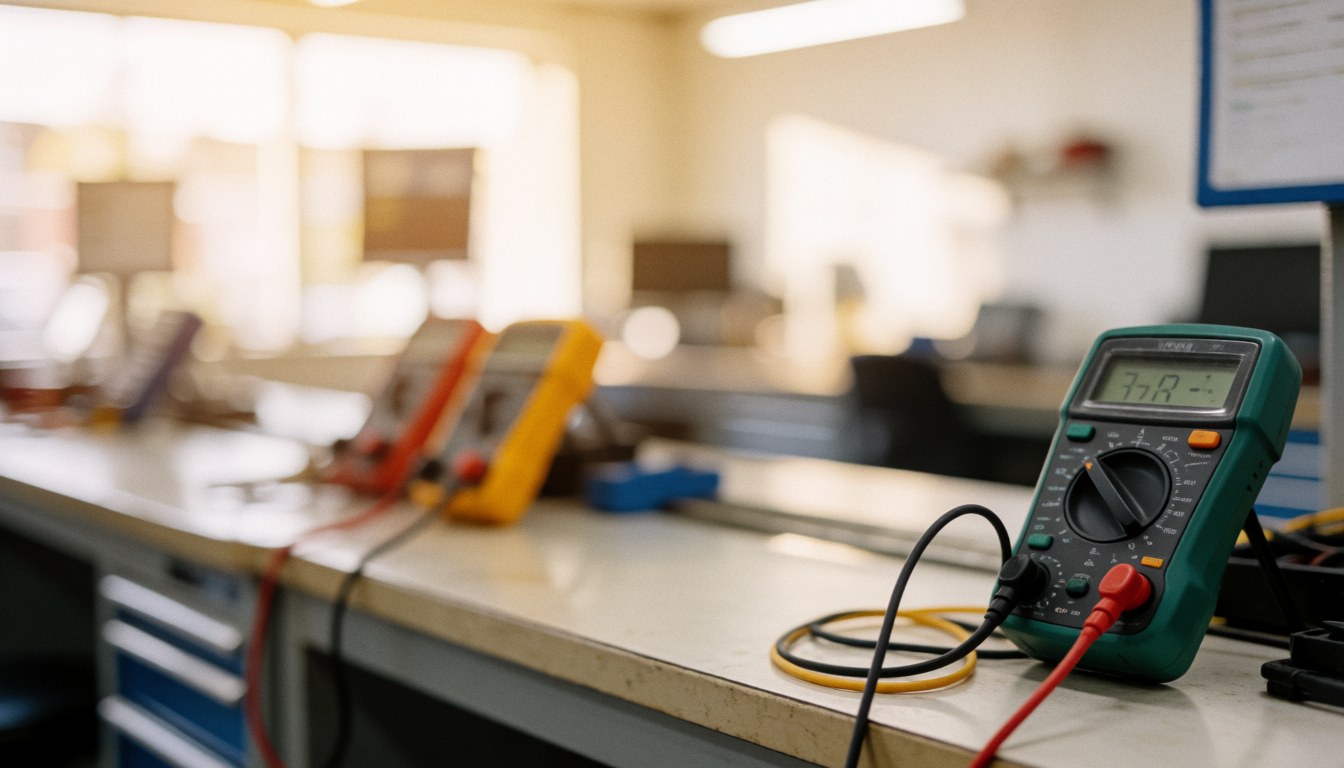 Digital multimeter on a workshop workbench with blurred test benches and tools in the background, suitable for electrical repair service text.