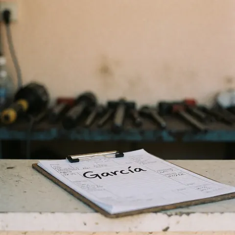 Handwritten service ticket with Garcia name on clipboard in workshop with tools and beige walls