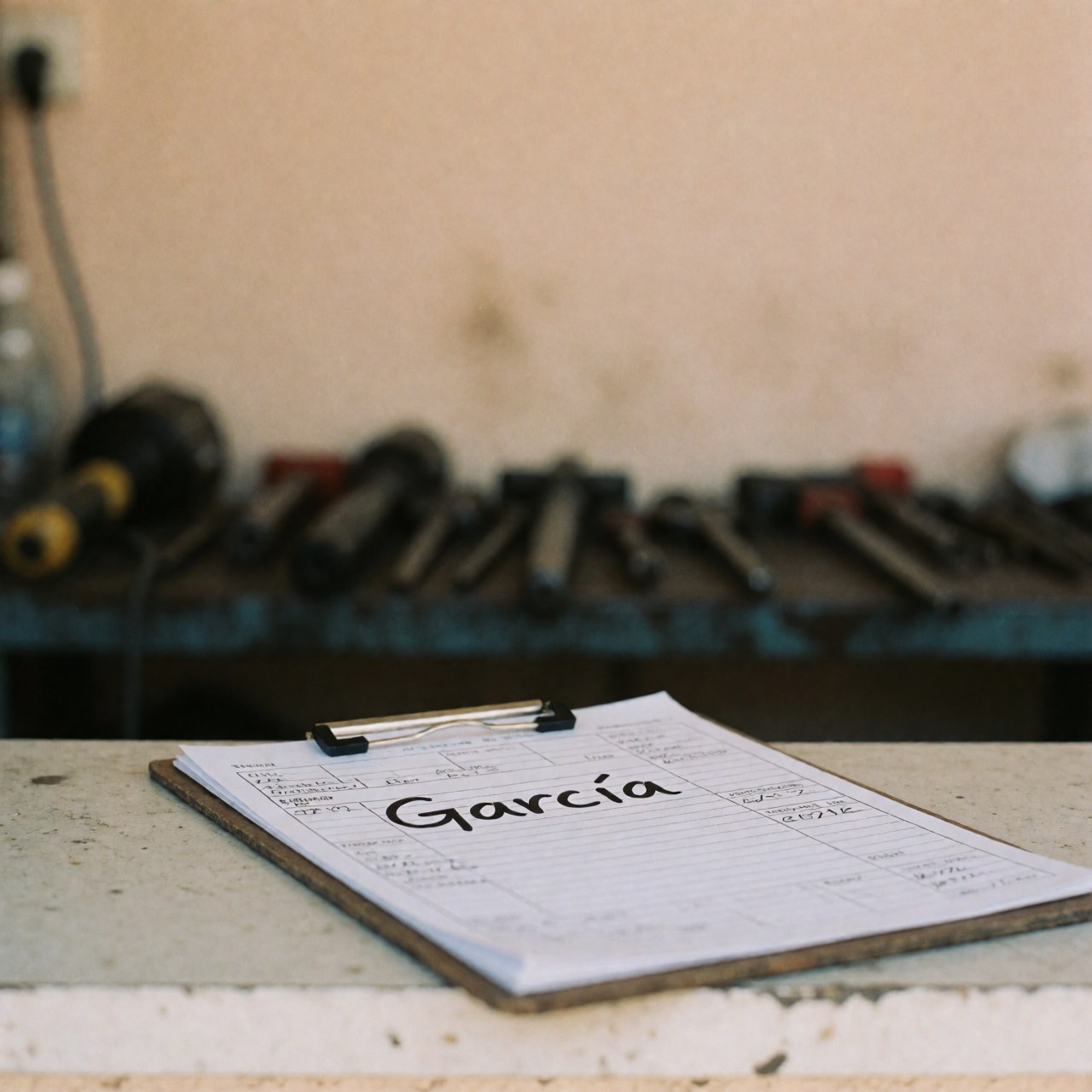 Handwritten service ticket with Garcia name on clipboard in workshop with tools and beige walls