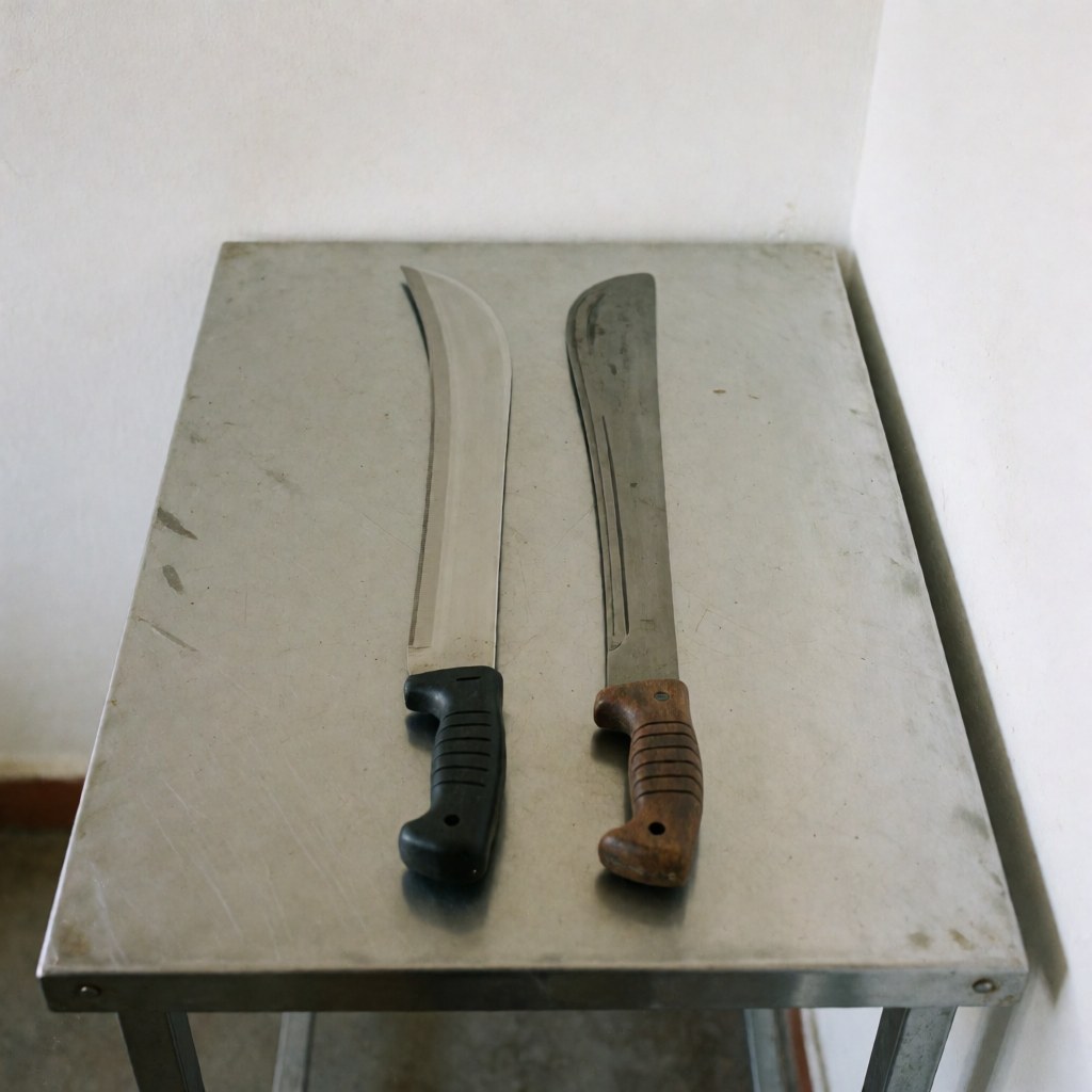 A collection of agricultural and field tools such as a machete, cane knife, and straight blade arranged on a metal table against a white backdrop for repair or product display