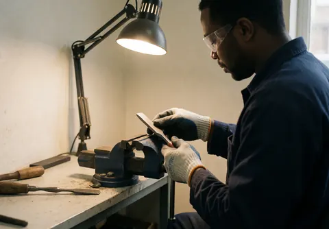 A mechanic wearing safety gear carefully inspects the edge of a sharp tool on a workbench under bright task lighting.