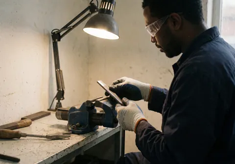 A mechanic wearing safety gear carefully inspects the edge of a sharp tool on a workbench under bright task lighting.