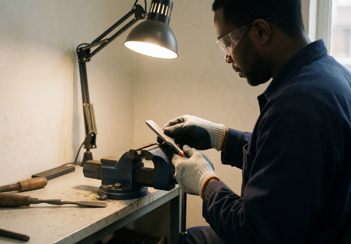A mechanic wearing safety gear carefully inspects the edge of a sharp tool on a workbench under bright task lighting.