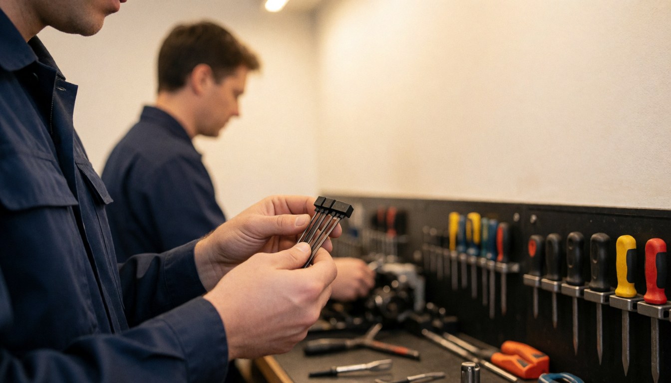 A mechanic in a blue uniform working on an engine repair in a well-lit workshop with tools visible
