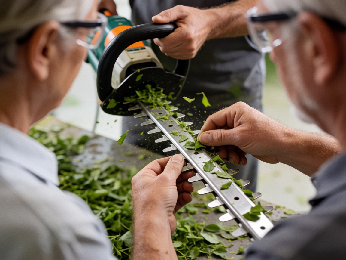 A person cleans and sharpens the blades of pruning shears while two others observe, with green leaves scattered on the table.