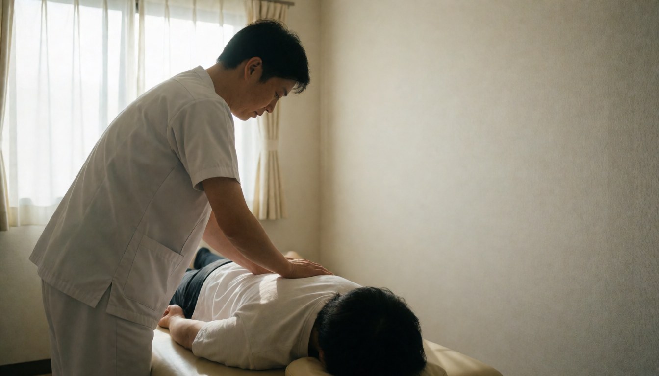 A professional therapist performing manual therapy on a client in a bright, calm room with natural light from a window