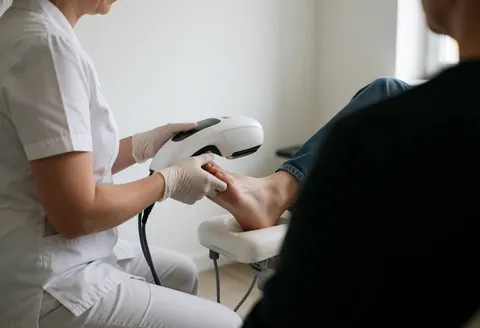 A podiatrist in a white uniform and gloves uses a 3D scanner on a client's foot in a modern clinic setting.