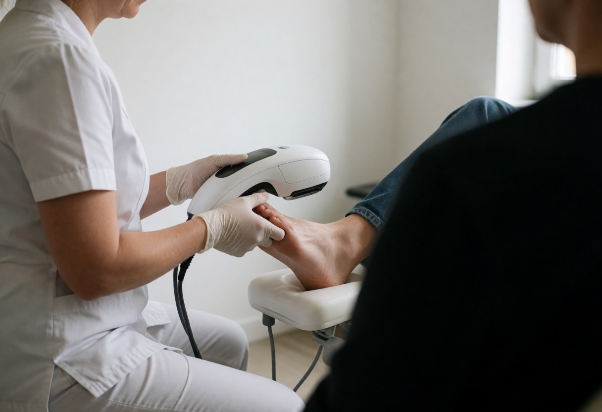 A podiatrist in a white uniform and gloves uses a 3D scanner on a client's foot in a modern clinic setting.