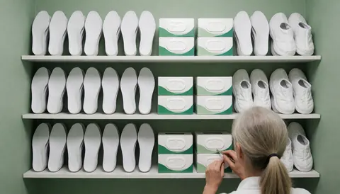 A clean and orderly storage area for podiatry supplies, featuring neatly arranged foot care products and orthotic inserts on white shelves.