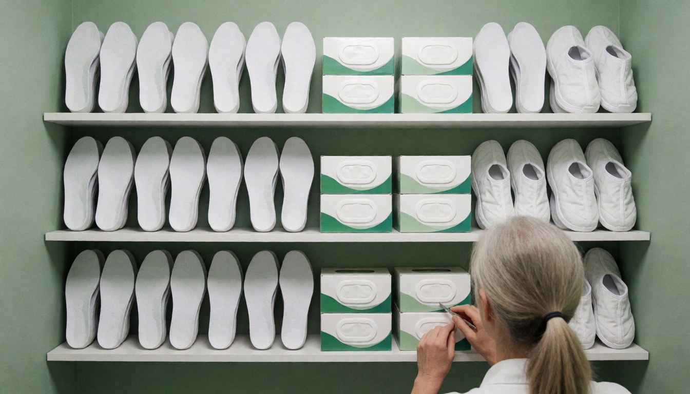 A clean and orderly storage area for podiatry supplies, featuring neatly arranged foot care products and orthotic inserts on white shelves.