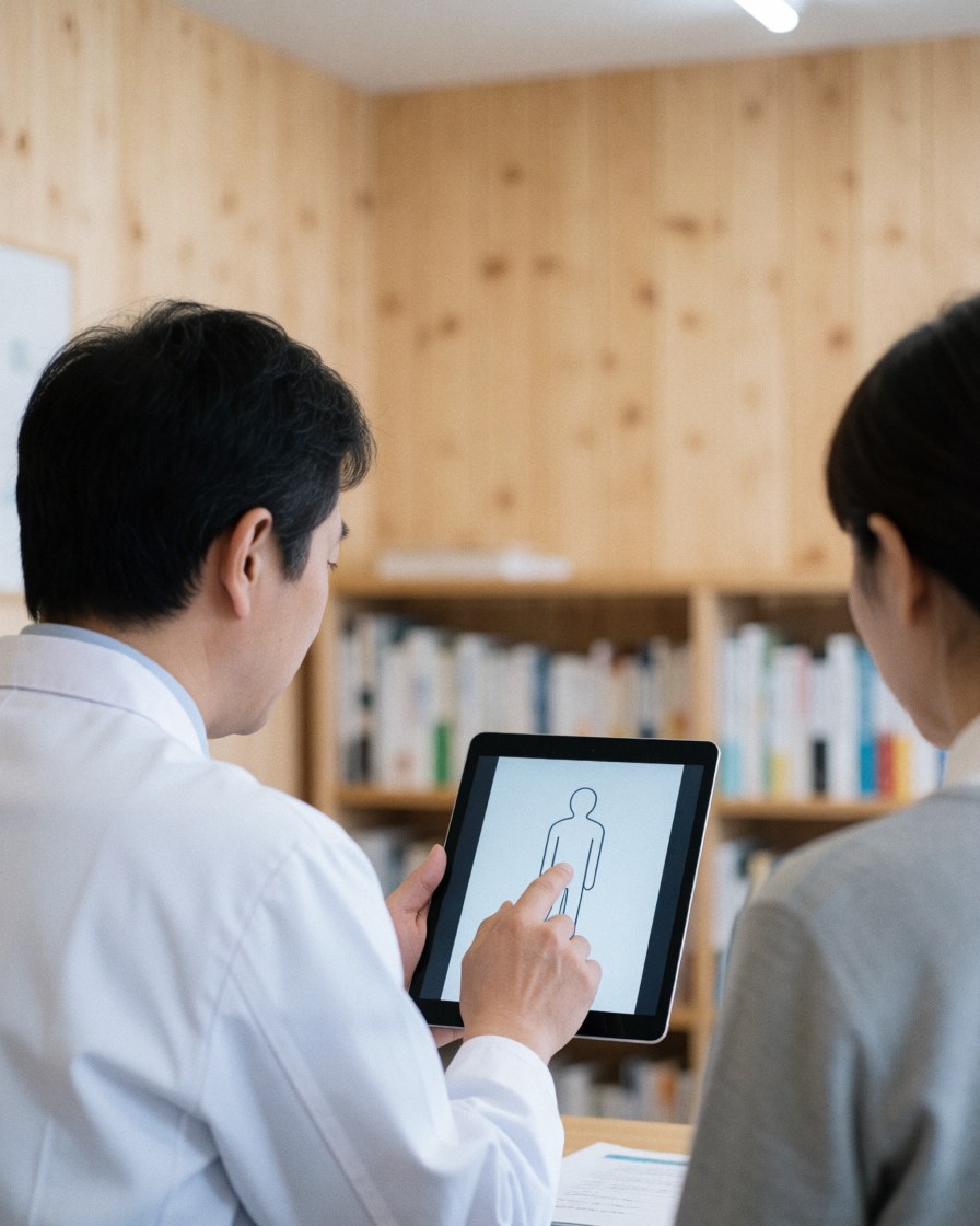 Close-up of a professional osteopath's hands holding a tablet while reviewing a medical guide in a modern clinic office setting
