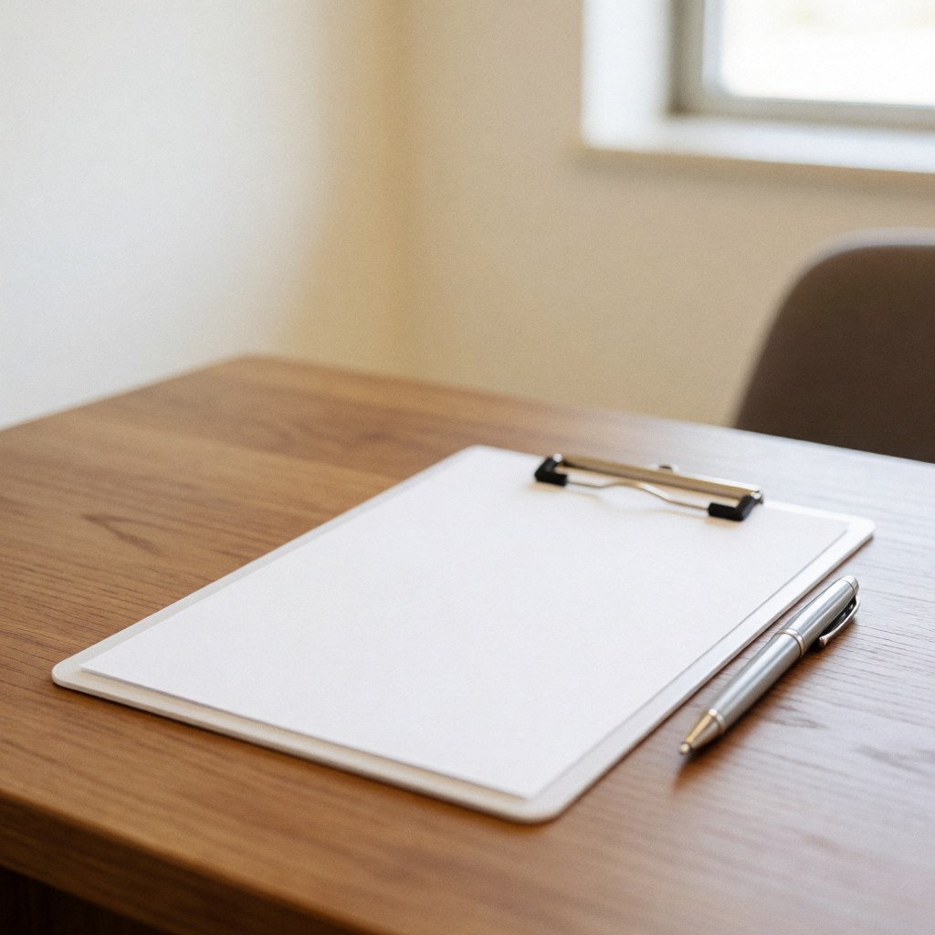 A clean white clipboard with paper rests on a wooden desk alongside a pen, representing administrative work in a clinic or therapy office setting.