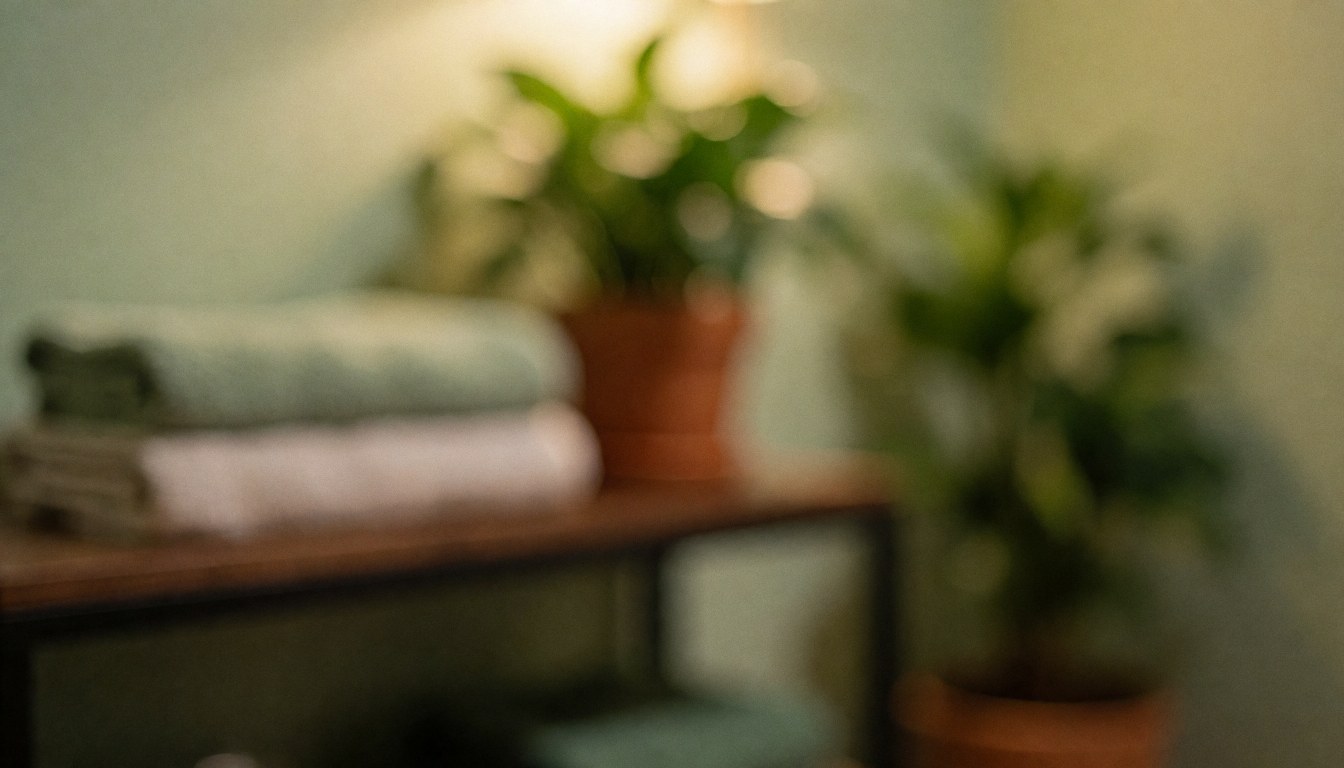 A fisioterapia-avanzada background featuring folded towels and potted plants on a wooden floor, illuminated by warm light for health and wellness text overlays