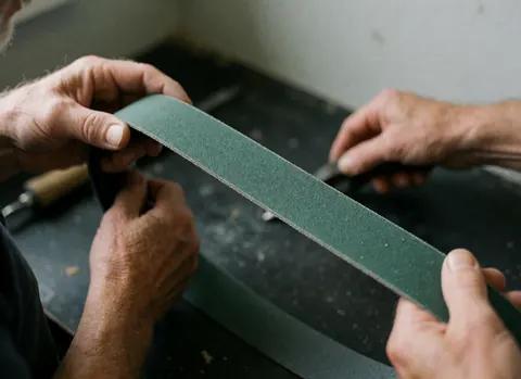 Close-up of green sandpaper with visible grit held by hands in a workshop, ideal for tool repair and manual work