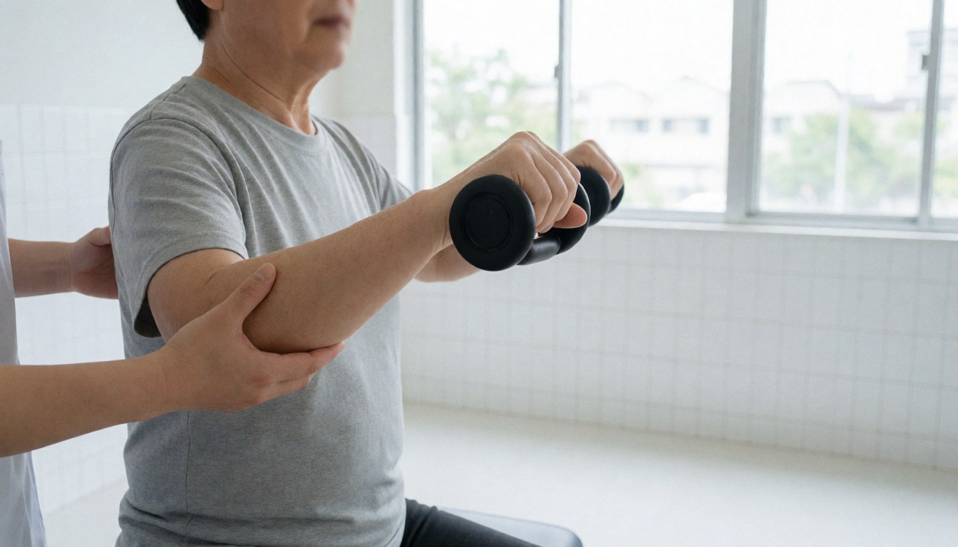 A patient performs an exercise with dumbbells while being guided by a physical therapist in a bright clinic with white walls.
