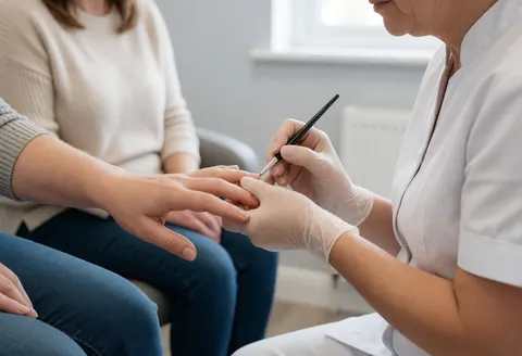 A podiatrist wearing gloves applies nail polish to a client seated in a chair within a naturally lit room with gray walls.