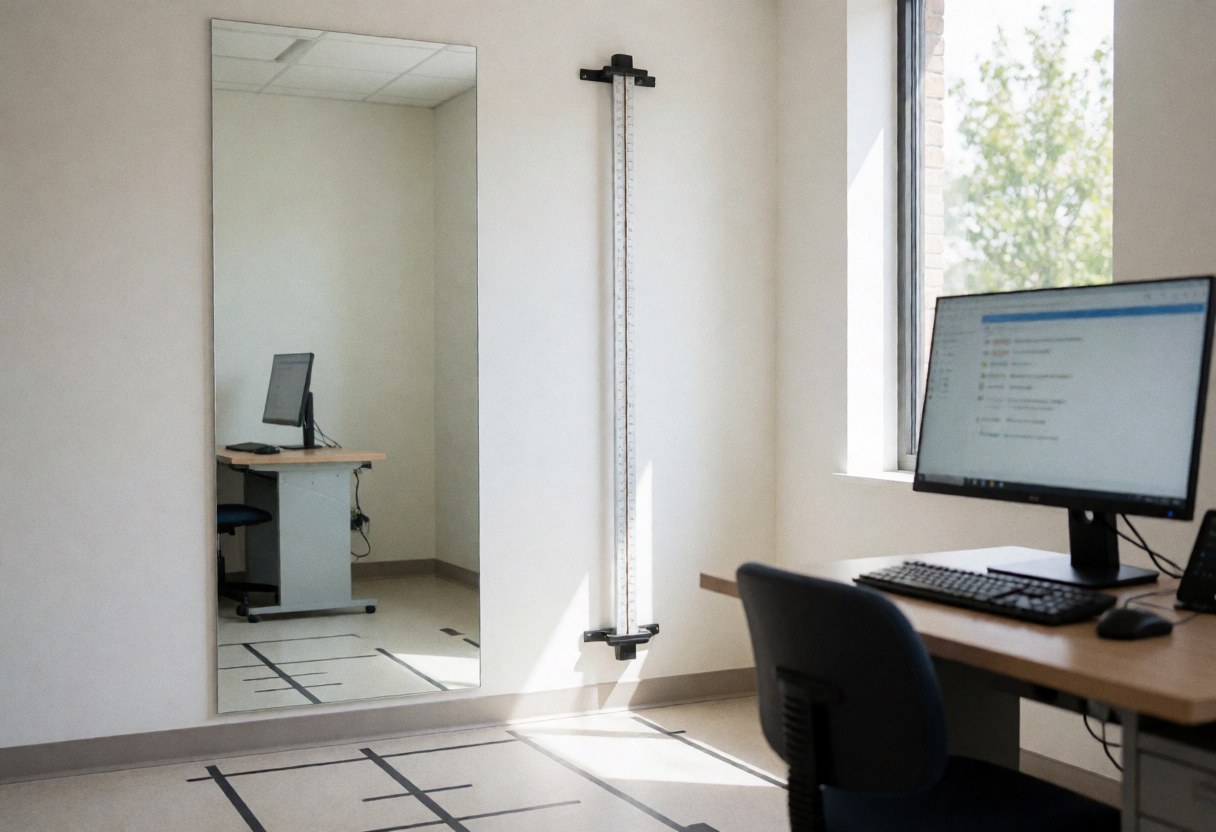 Clean and modern fisiotherapy analysis room featuring a desk, computer, mirror, and measurement tools for patient posture evaluation