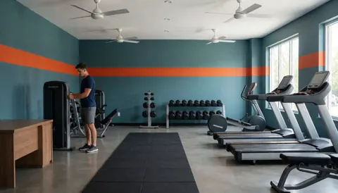 A clean and functional gym interior featuring cardio machines, weight equipment, and large windows letting in natural light.