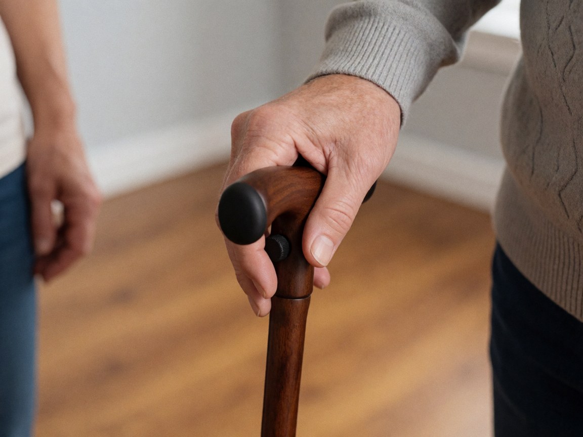 Close-up of an adult hand gripping a wooden cane with a rubber handle, set against a light gray wall and wooden floor in a therapy setting.