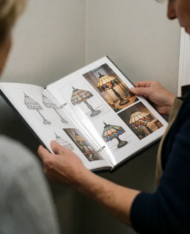 A client and professional review a book with crystal lamp designs and photos in a workshop with visible hands and tools